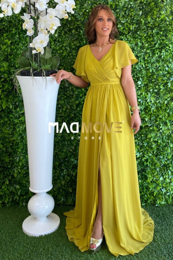 VESTIDO LONGO VERDE OLIVA COM MANGA FLARE