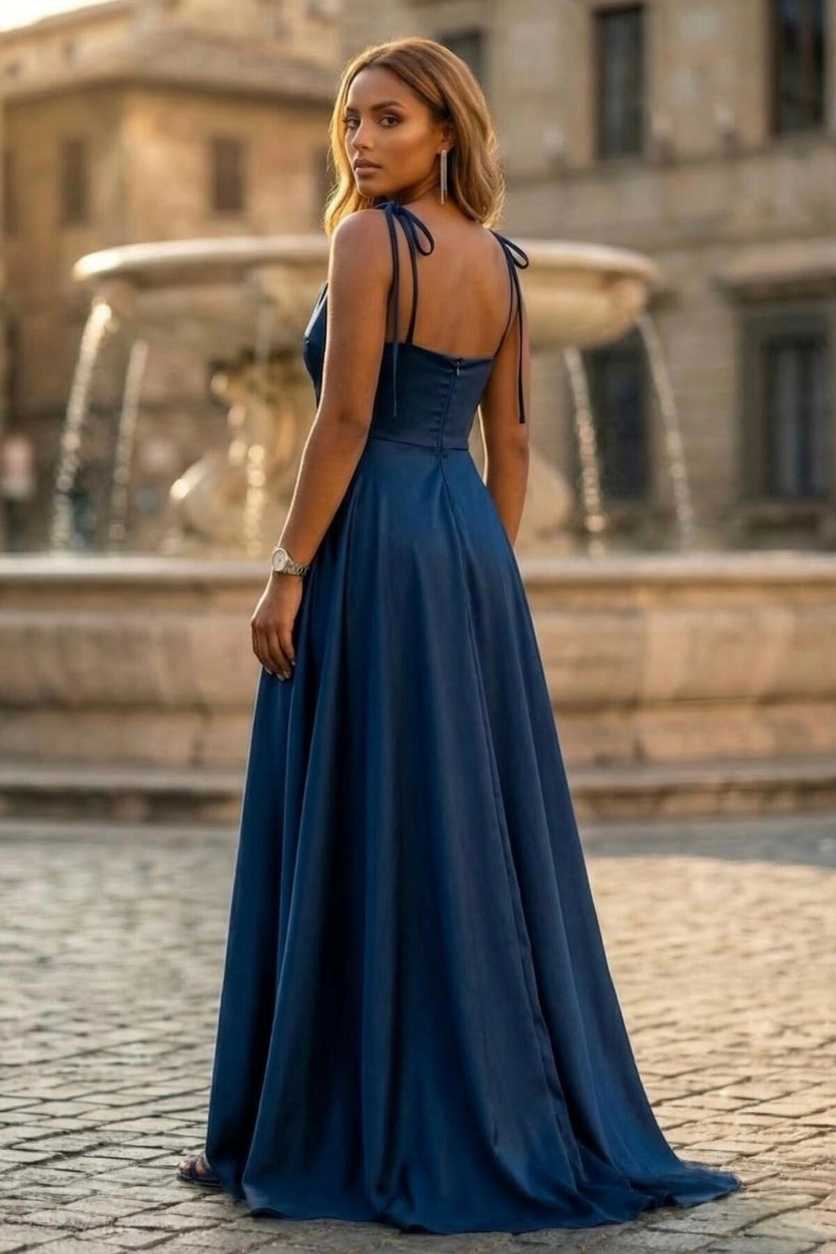 Costas do vestido azul marinho comprido com alças finas de laço