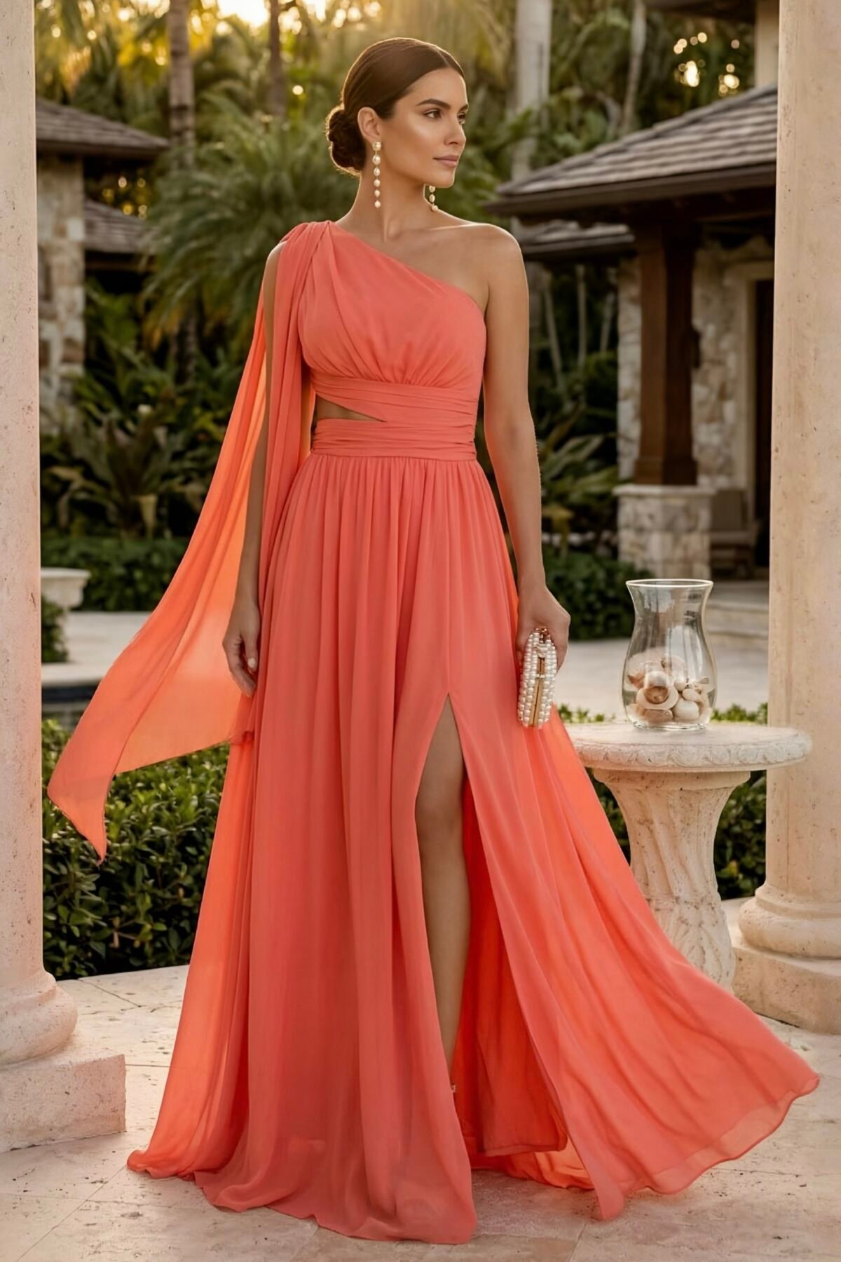 Vestido coral elegante de cerimónia com drapeado na cintura