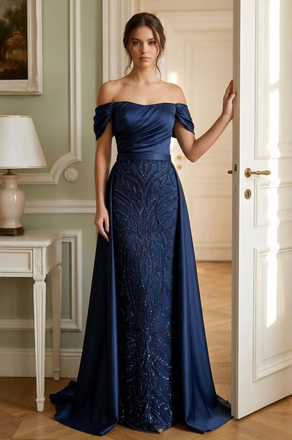 Vestido denise azul marinho elegante com decote ombro a ombro e brilho subtil