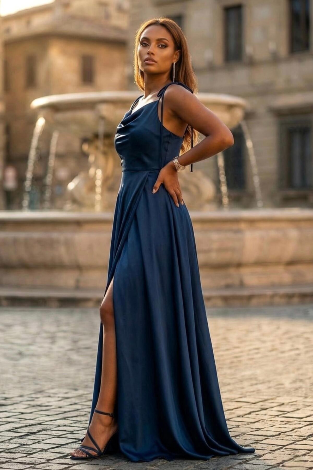 Vestido azul marinho acetinado com decote drapeado e racha frontal