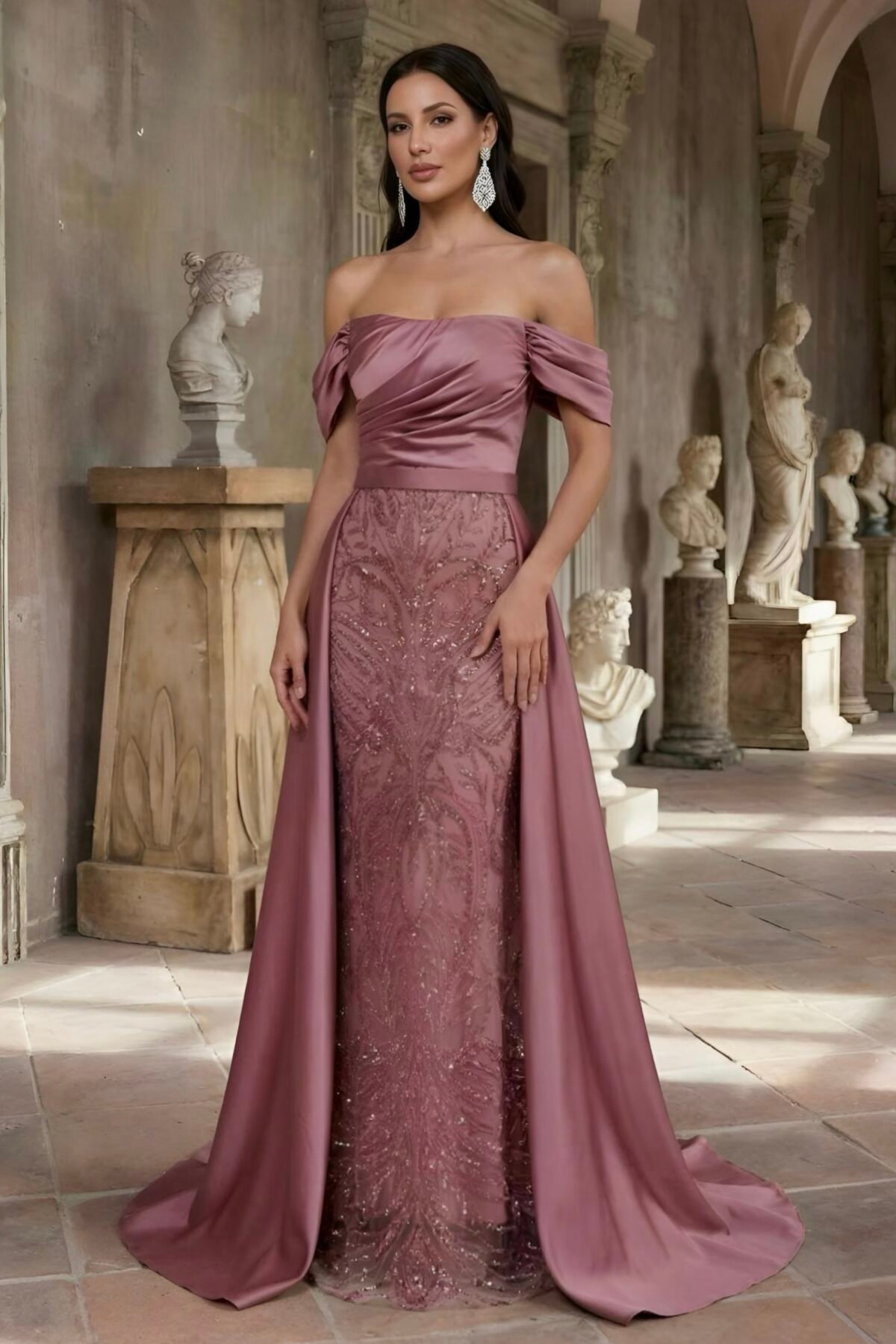 Vestido marsala elegante com decote ombro a ombro e brilho subtil