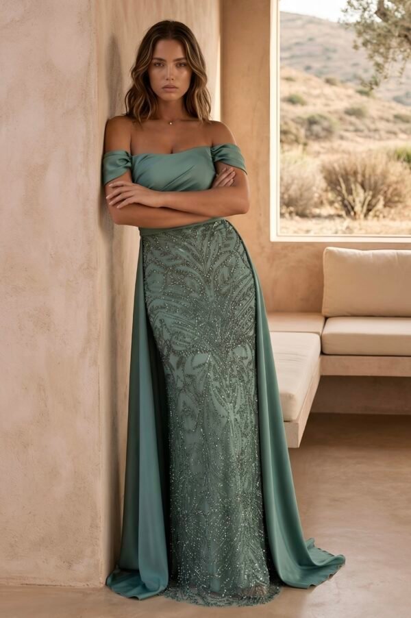 Vestido comprido elegante com painel brilhante e saia fluida verde menta