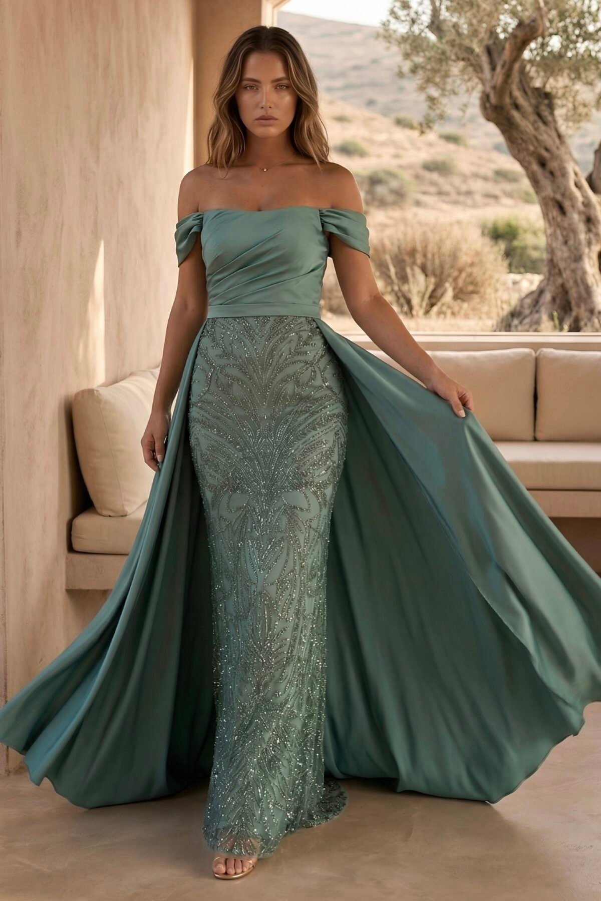 Vestido comprido elegante com painel brilhante e saia fluida verde menta