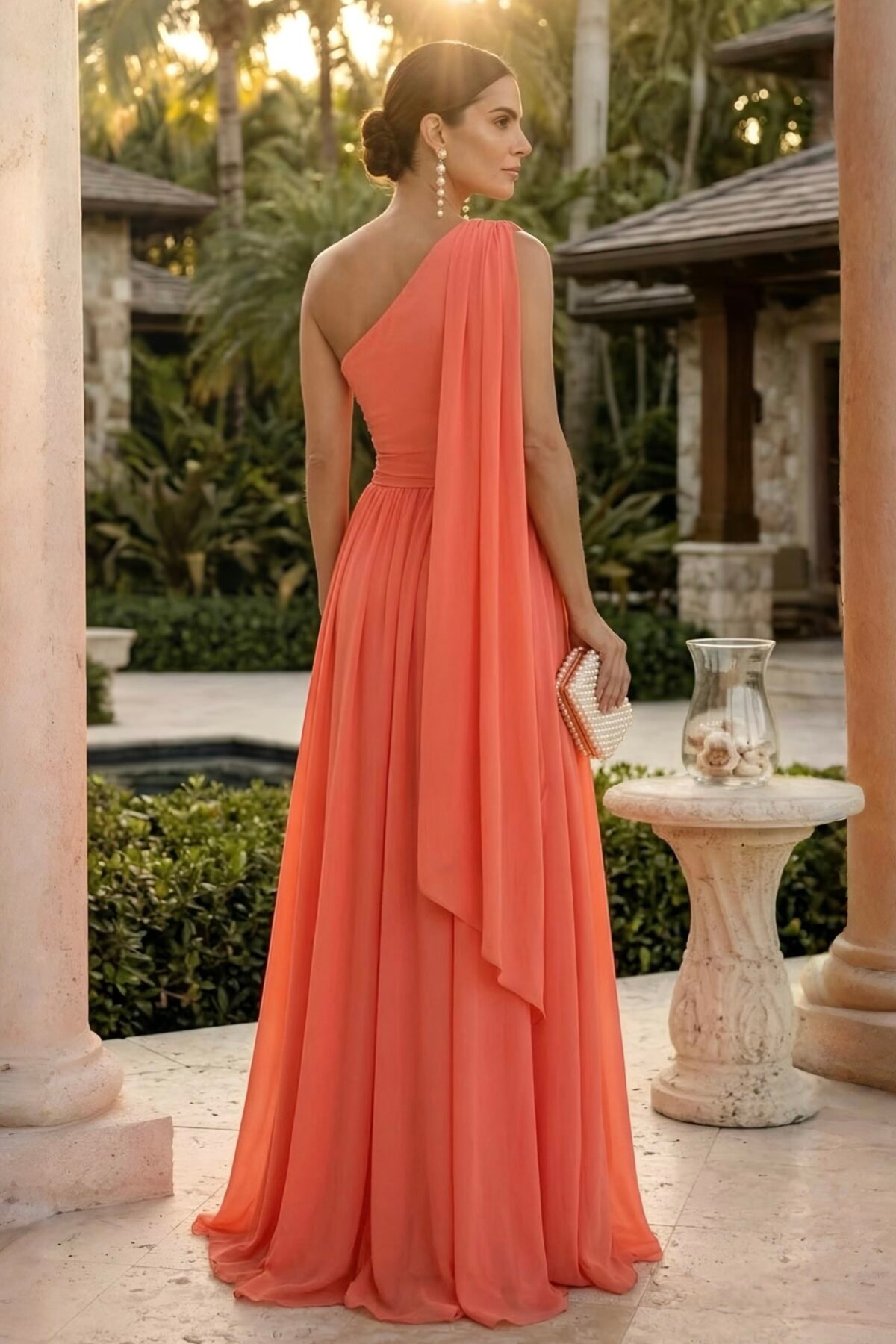 Costas do vestido coral de um ombro só com caimento fluido