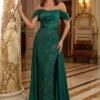 Vestido verde esmeralda elegante com decote ombro a ombro e brilho subtil