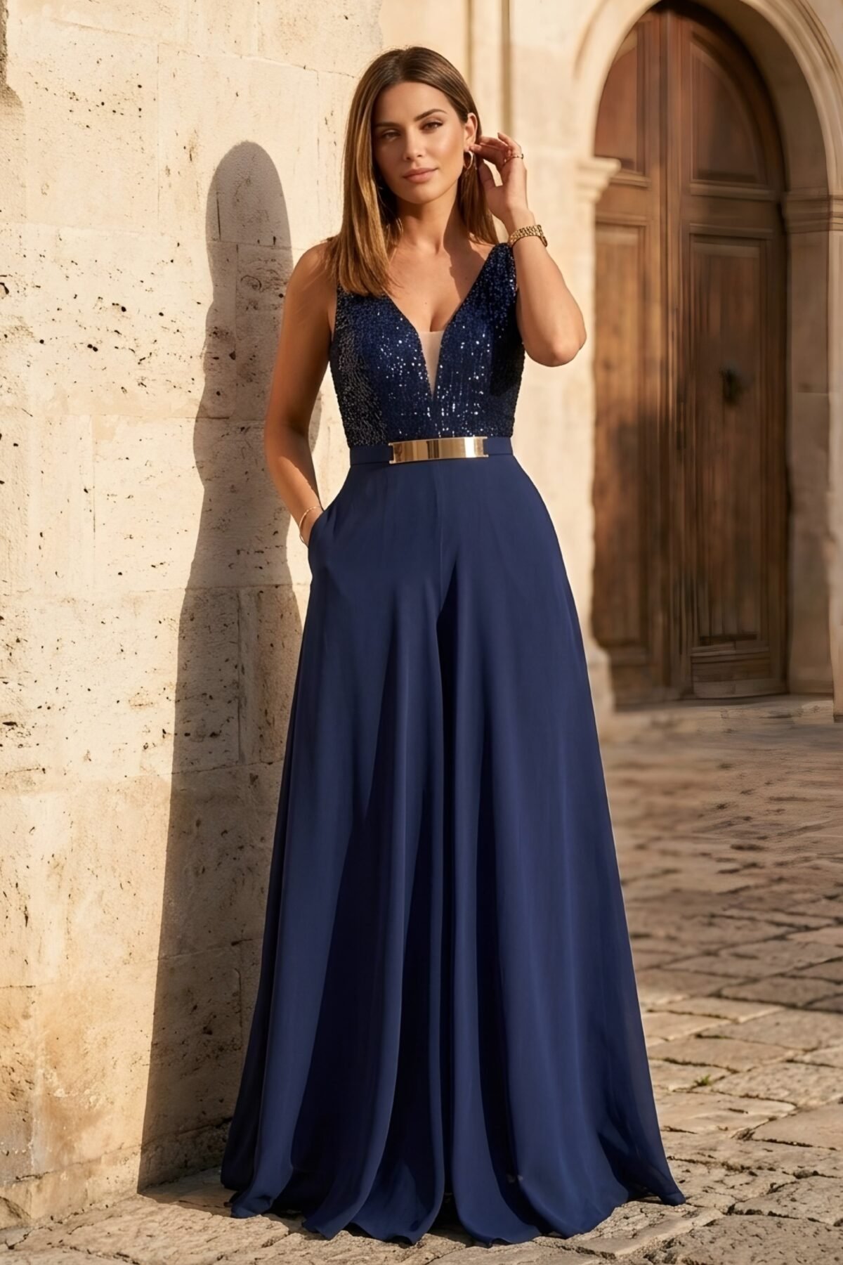 Macacão azul marinho elegante com perna larga fluida