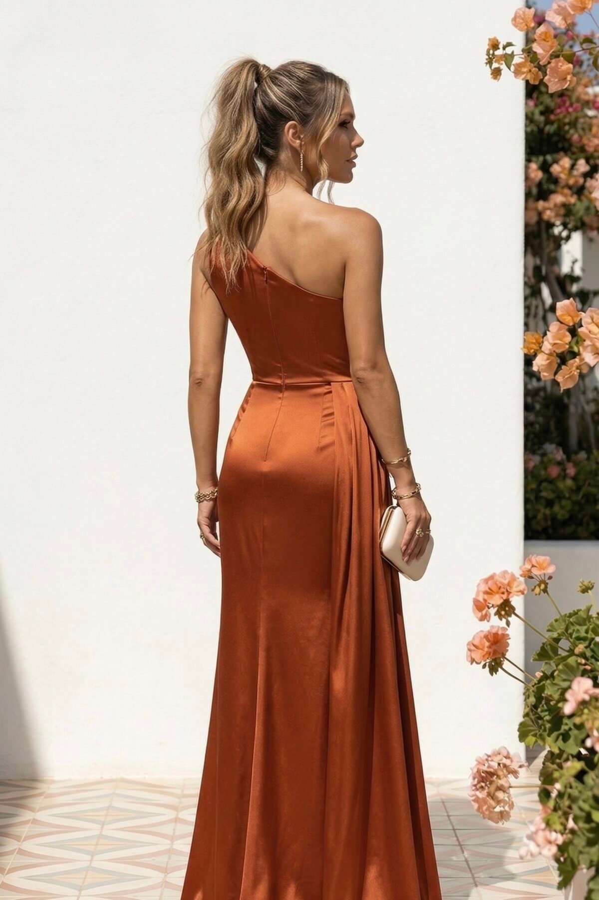 Costas Vestido acetinado terracota com drapeado sofisticado