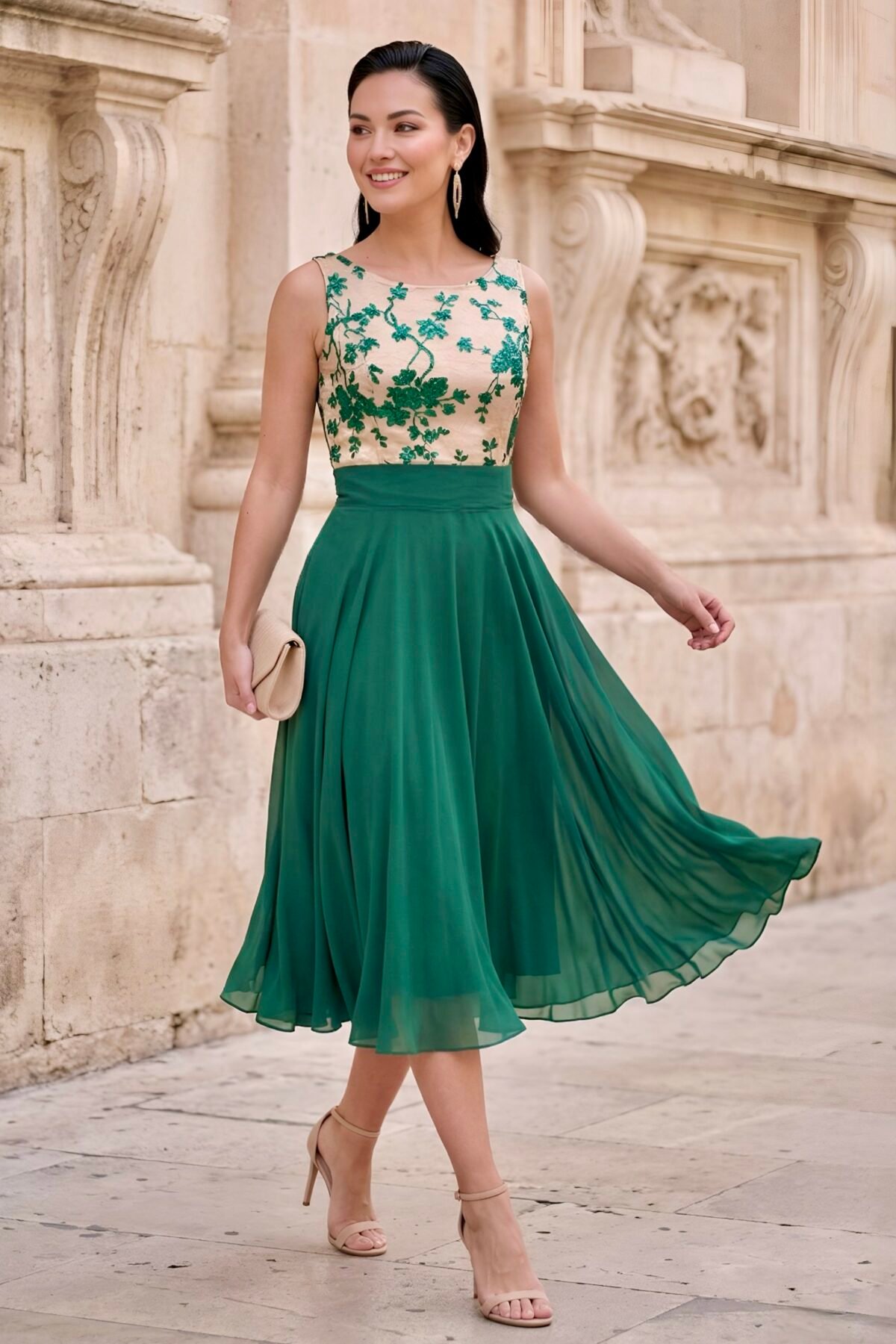 Movimento delicado da saia verde esmeralda para eventos especiais