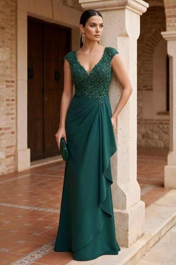 Vista frontal do vestido comprido de cerimónia com folho lateral sofisticado.