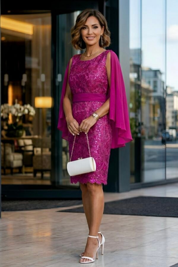 Vestido renda fúcsia elegante com mangas fluidas