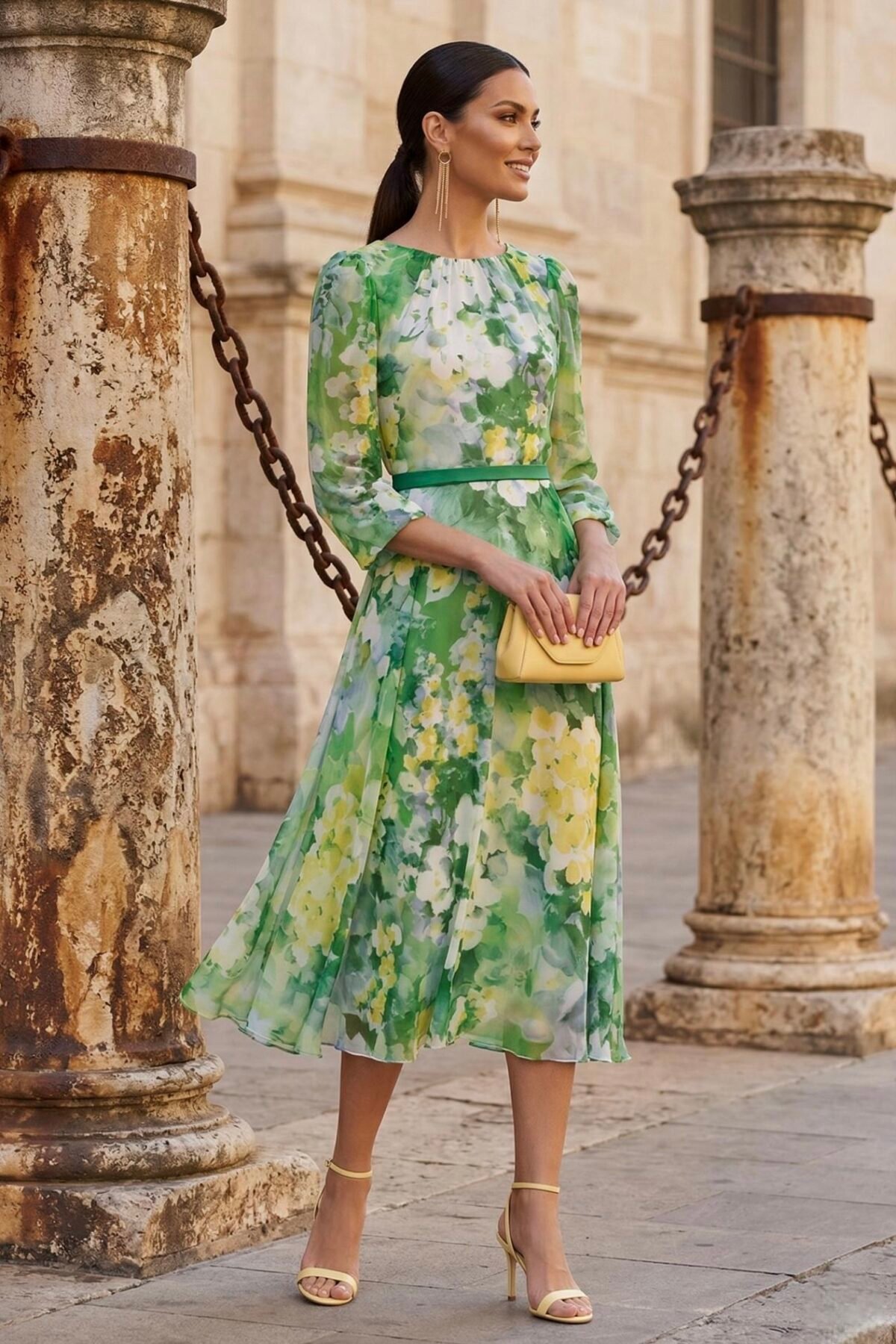 Vestido midi floral verde para cerimónia com cintura marcada e saia fluida.
