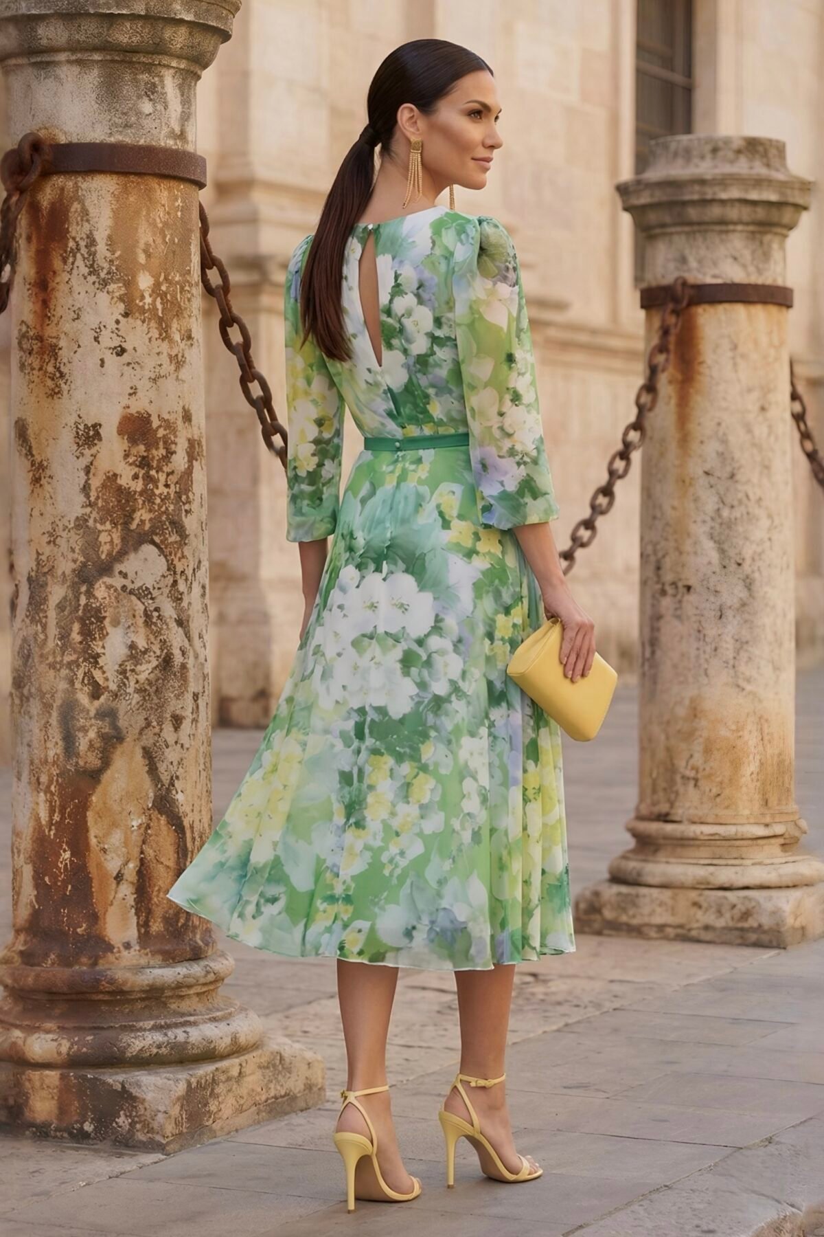 Vista de costas do vestido midi floral verde com abertura discreta nas costa