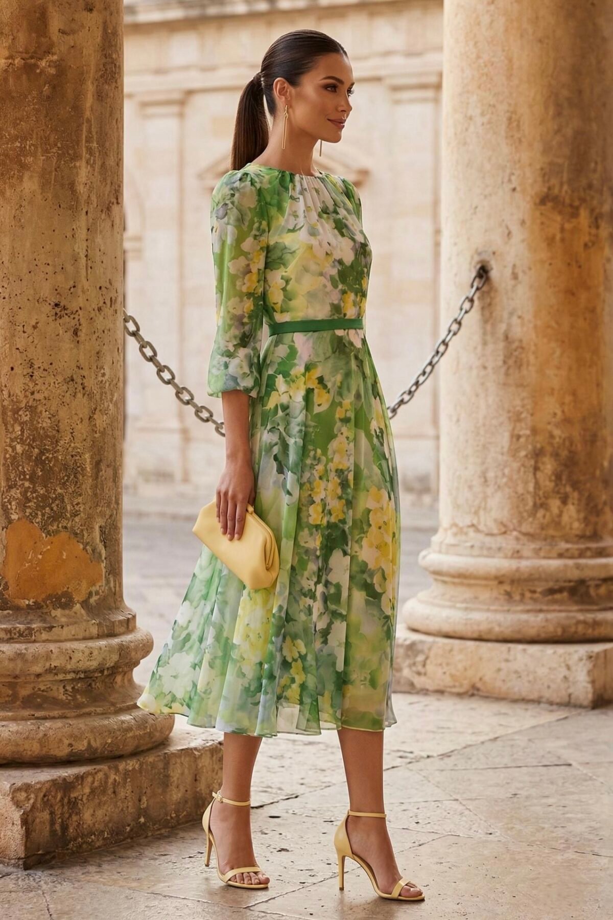 Perfil do vestido midi de cerimónia em estampado floral verde e amarelo.