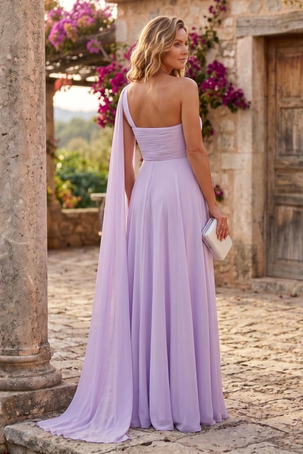 Vestido longo lilás com costas elegantes e capa esvoaçante