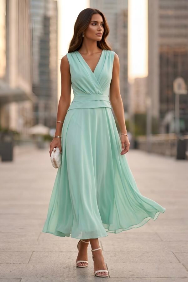Vestido midi verde água fluido com decote cruzado visto de frente