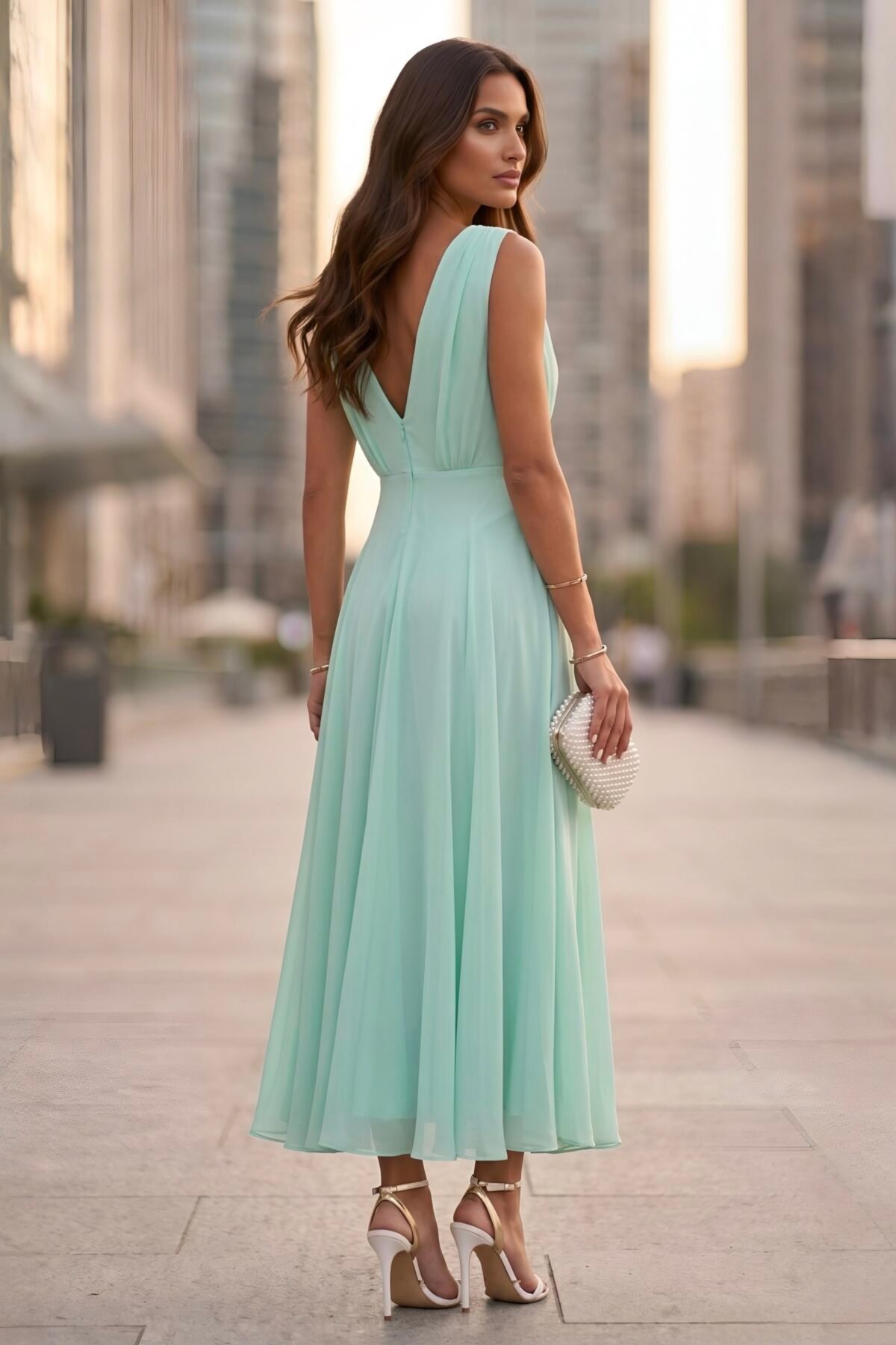 Vestido midi verde água elegante visto de costas com saia fluida